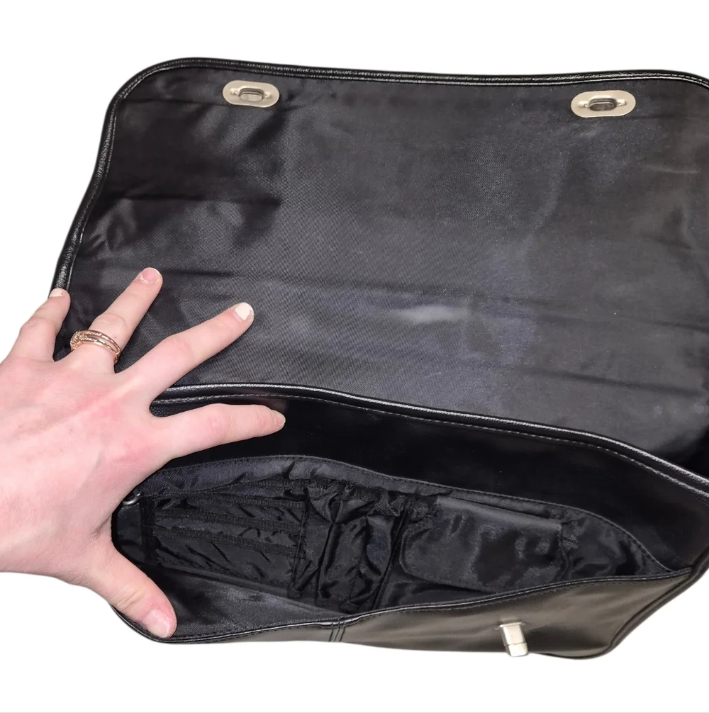 Black Faux Leather Messenger Bag Crossbody Briefcase Style